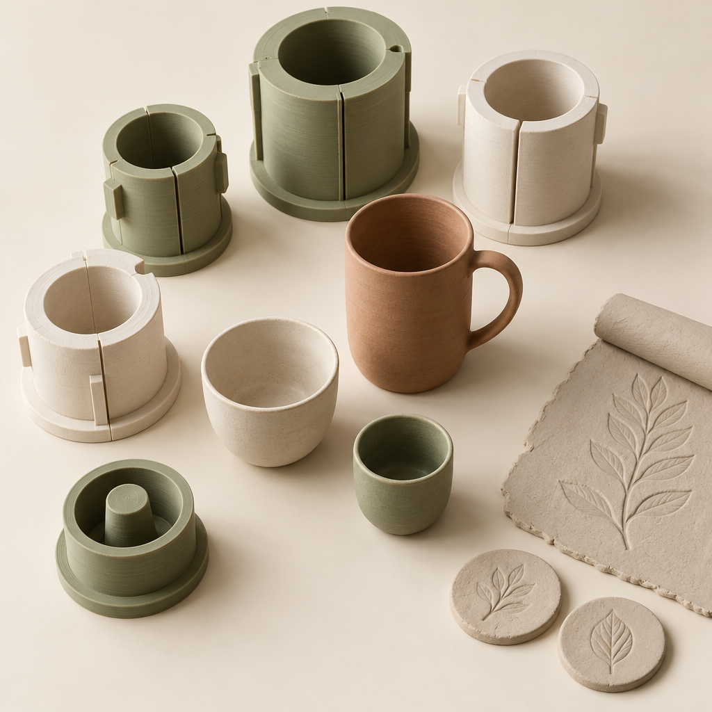 Moldes impressos em 3D para copos, canecas, vasos e cachepôs de cerâmica, ao lado de peças finais em terracota, off-white e oliva